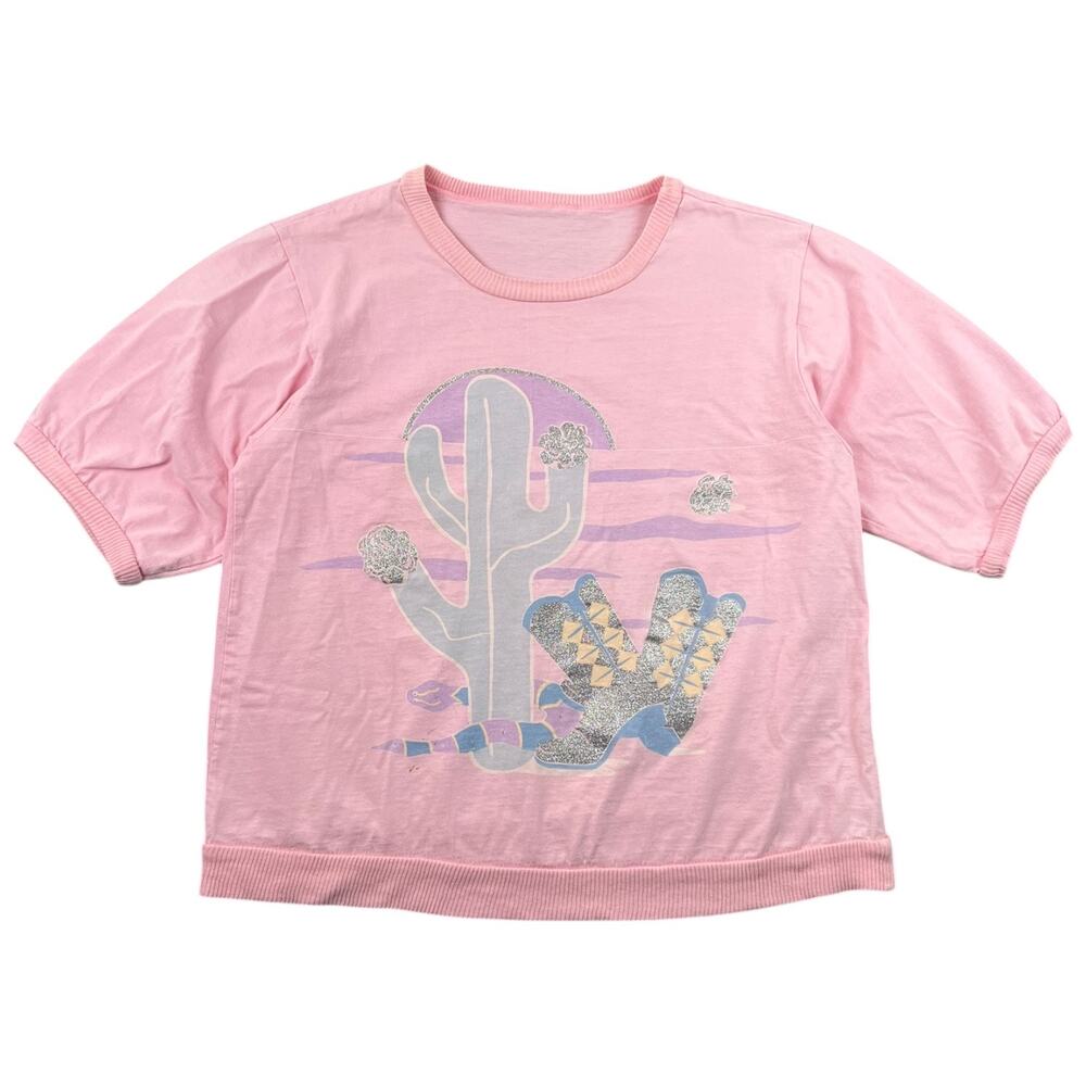 Vintage Western Cowboy Boots Graphic Tee Pink USA Made 90s Desert Cactus - L